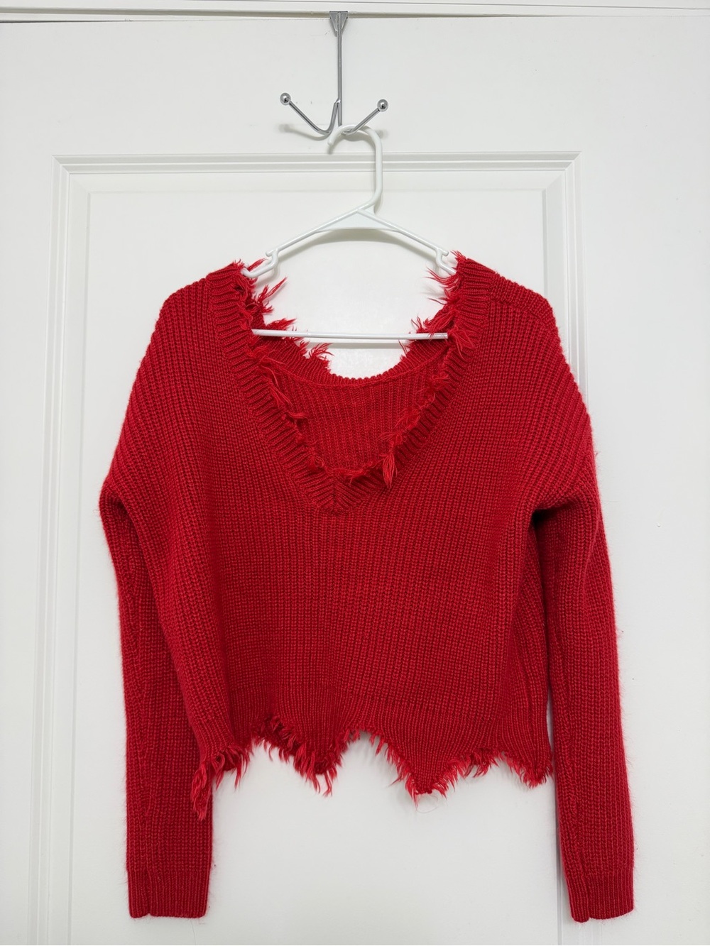 Red Distressed V-Neck Women's Sweater